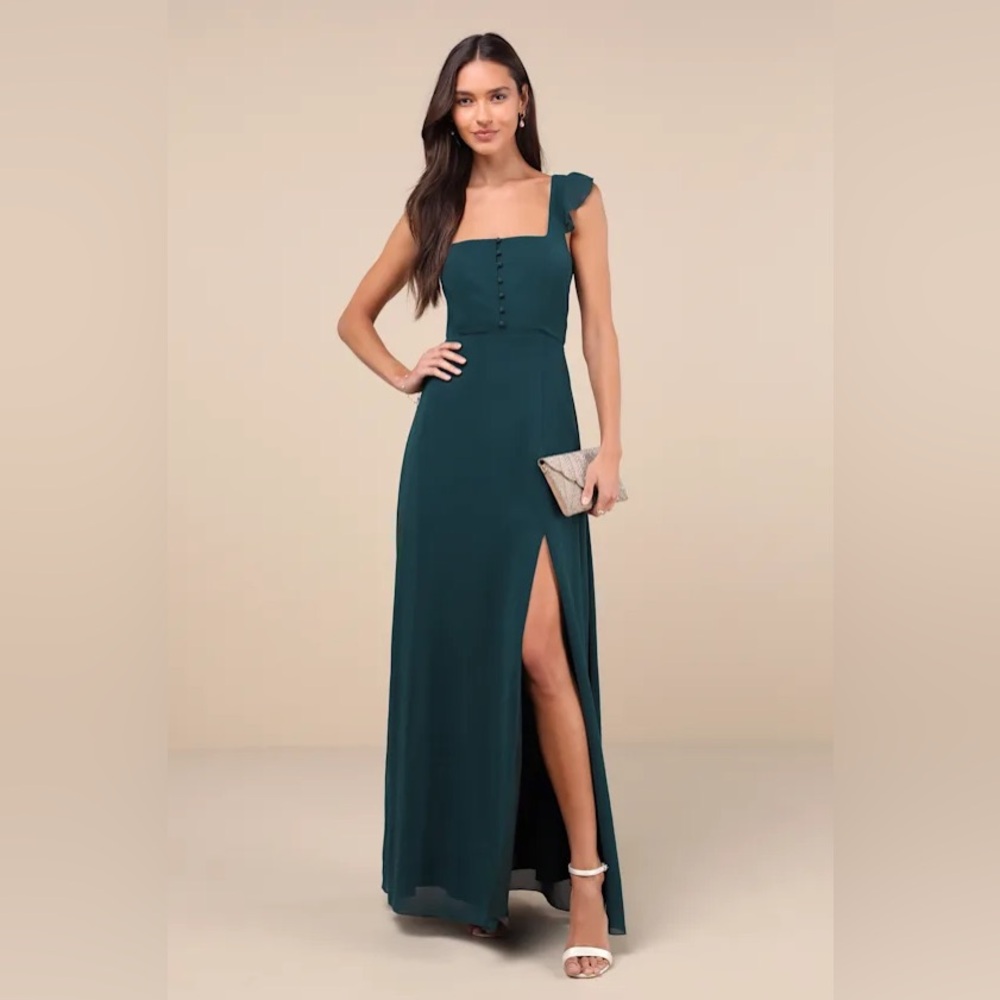Lulu's Delightful‎ Loveliness Emerald Green Ruffled Tie-Back Maxi Dress NWT